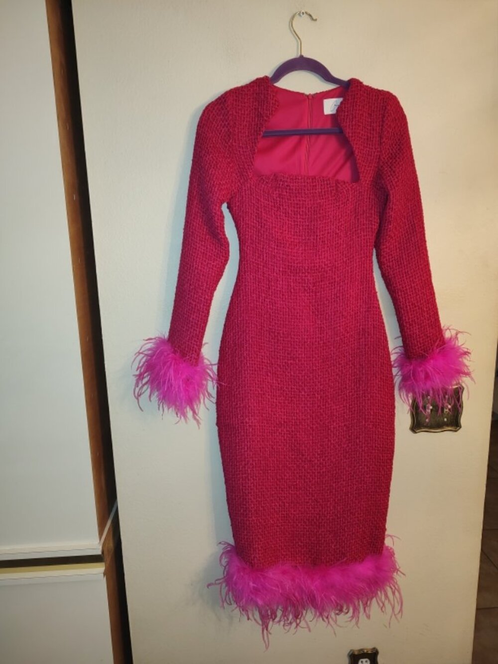 Women's Cheri Red Knit Midi Dress with Fuchsia Pink Faux Feather Trim Size XS